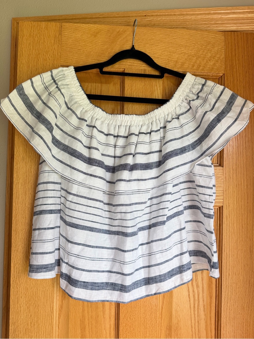 Tart 100% Linen Off Shoulder Ruffle Striped Blouse Top Medium M Blue/Gray White